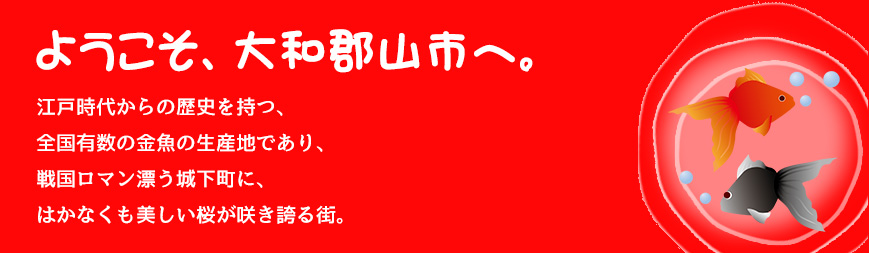 ようこそ、大和郡山市へ。江戸時代からの歴史を持つ、全国有数の金魚の生産地であり、戦国ロマン漂う城下町に、はかなくも美しい桜が咲き誇る街。